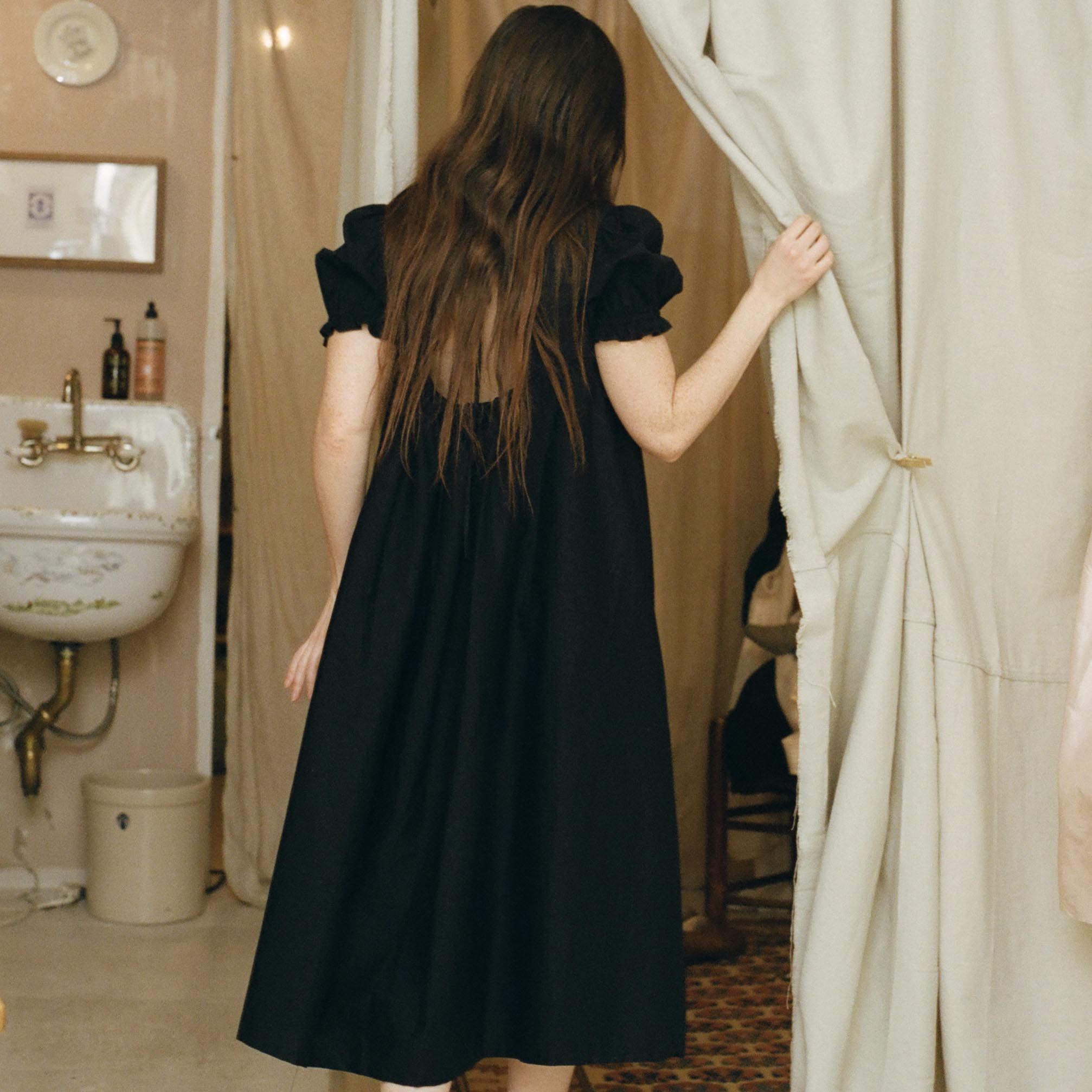 Black Cotton Tie-back Dress
