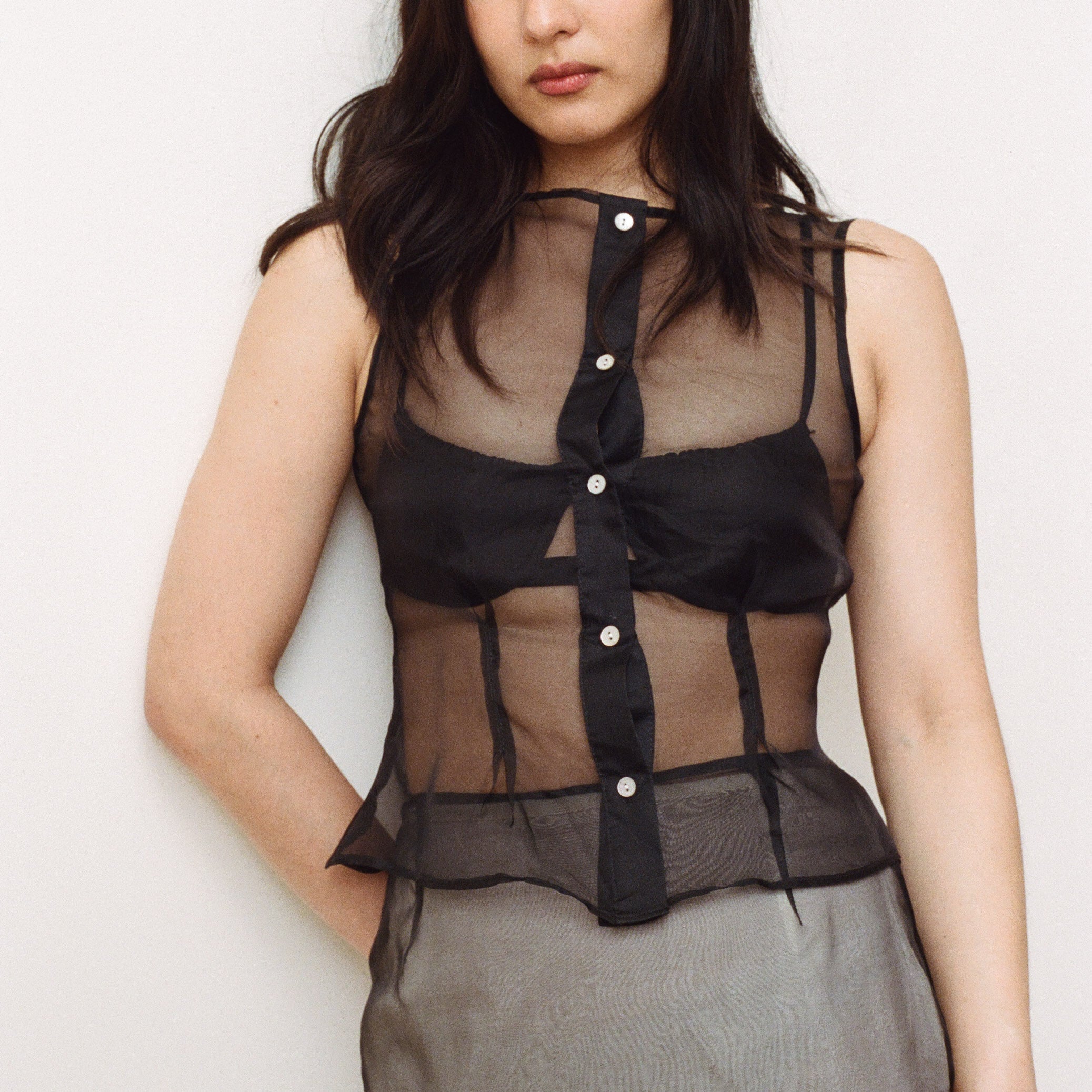 Black Organza Sleeveless Buttondown