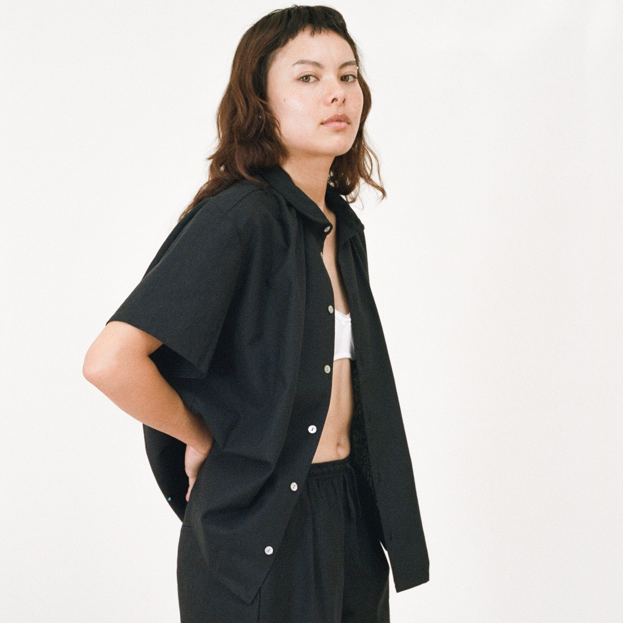 Short Sleeve Shirred Shirt, Black