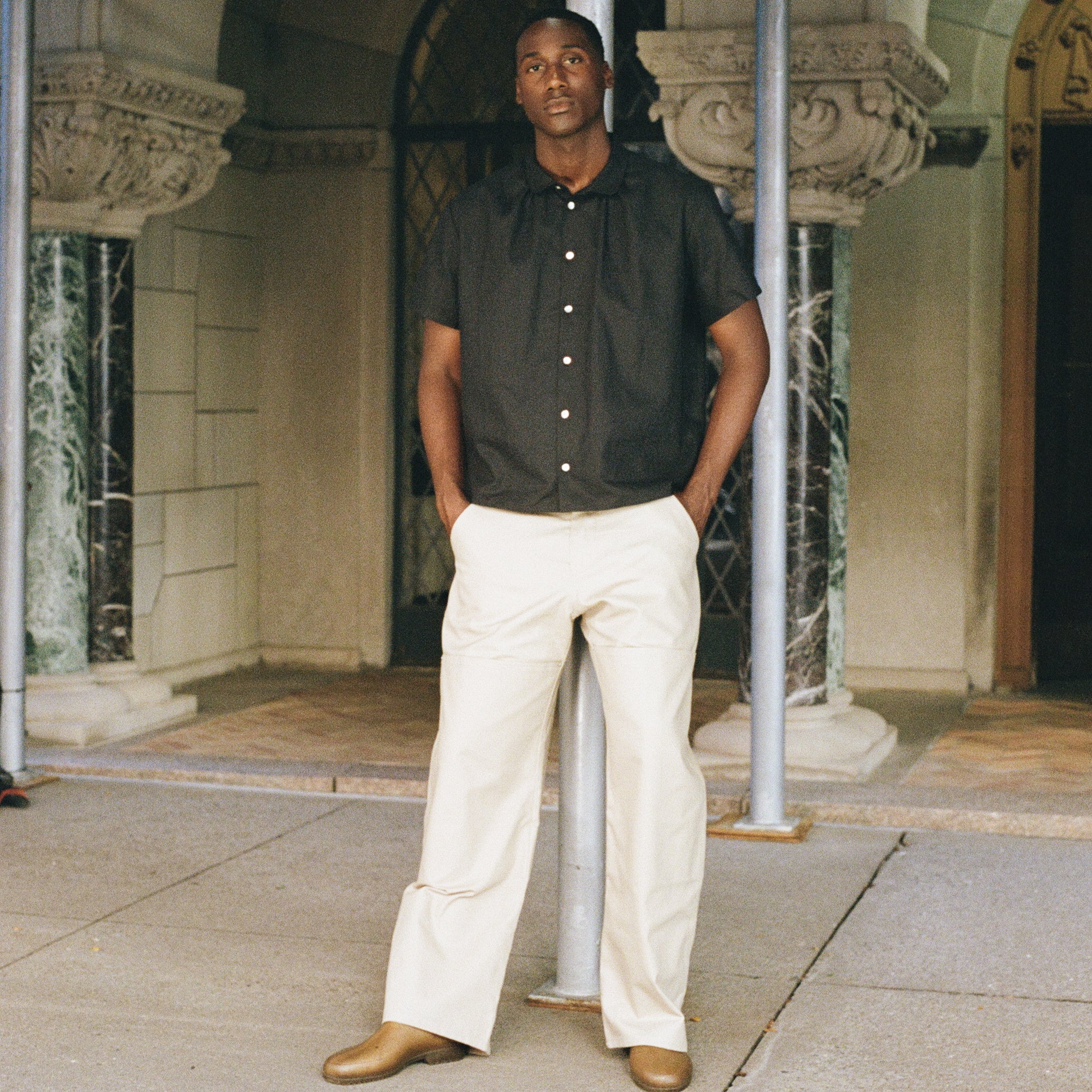 Short Sleeve Shirred Shirt, Black