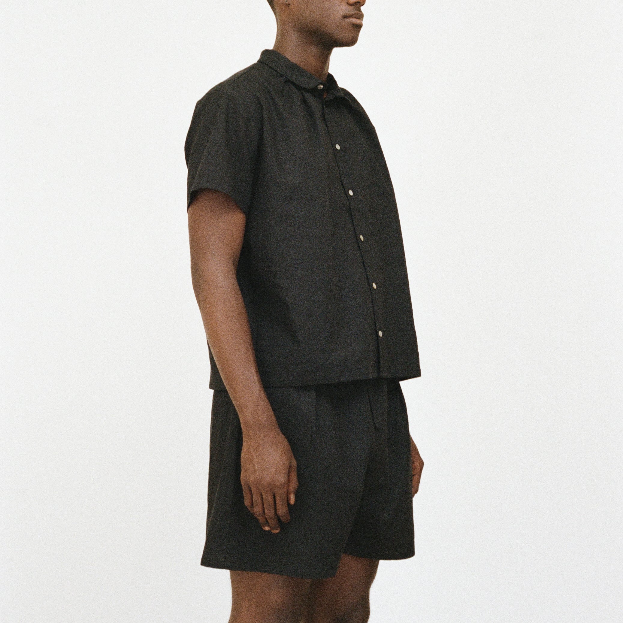 Short Sleeve Shirred Shirt, Black