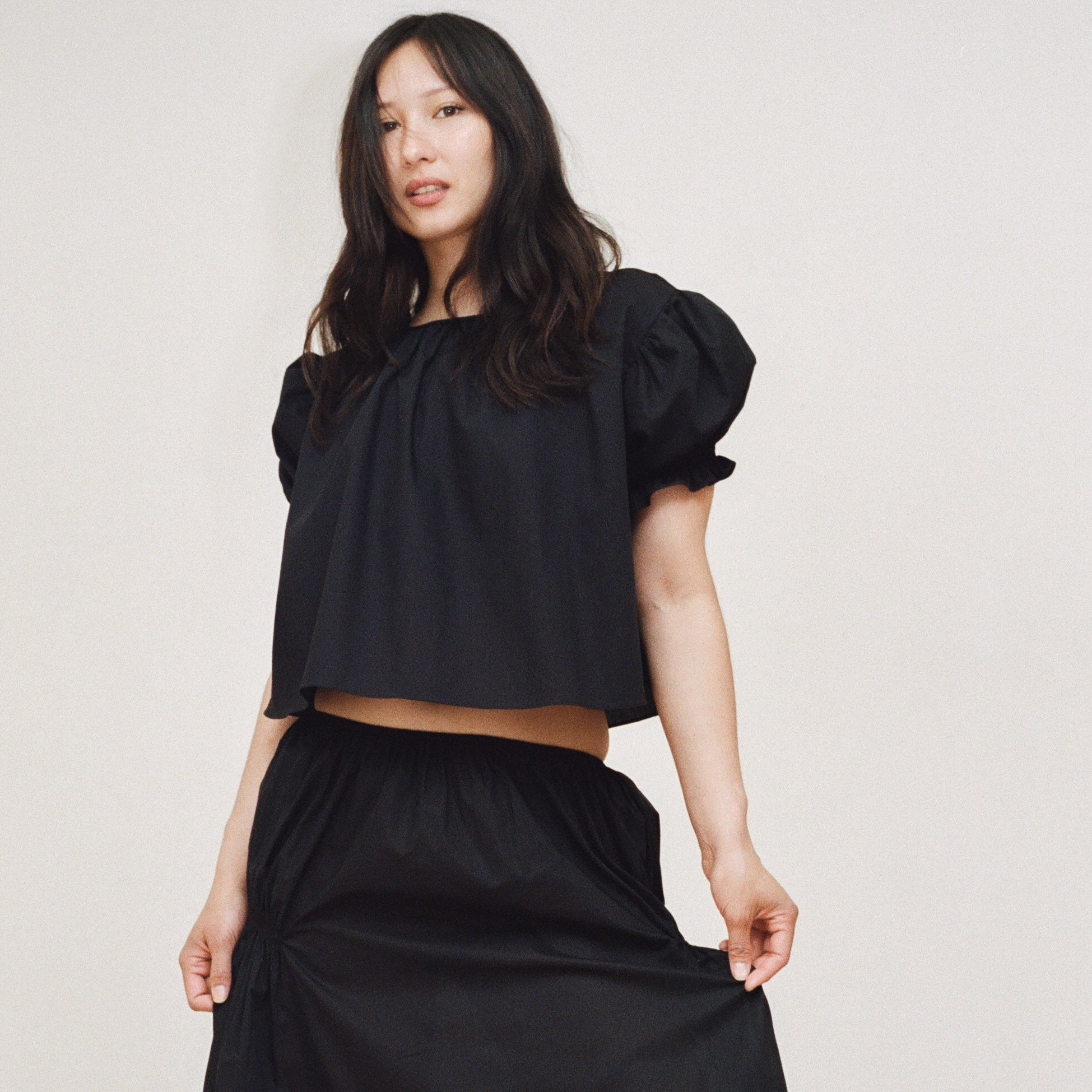 Black Cotton Smocked Blouse