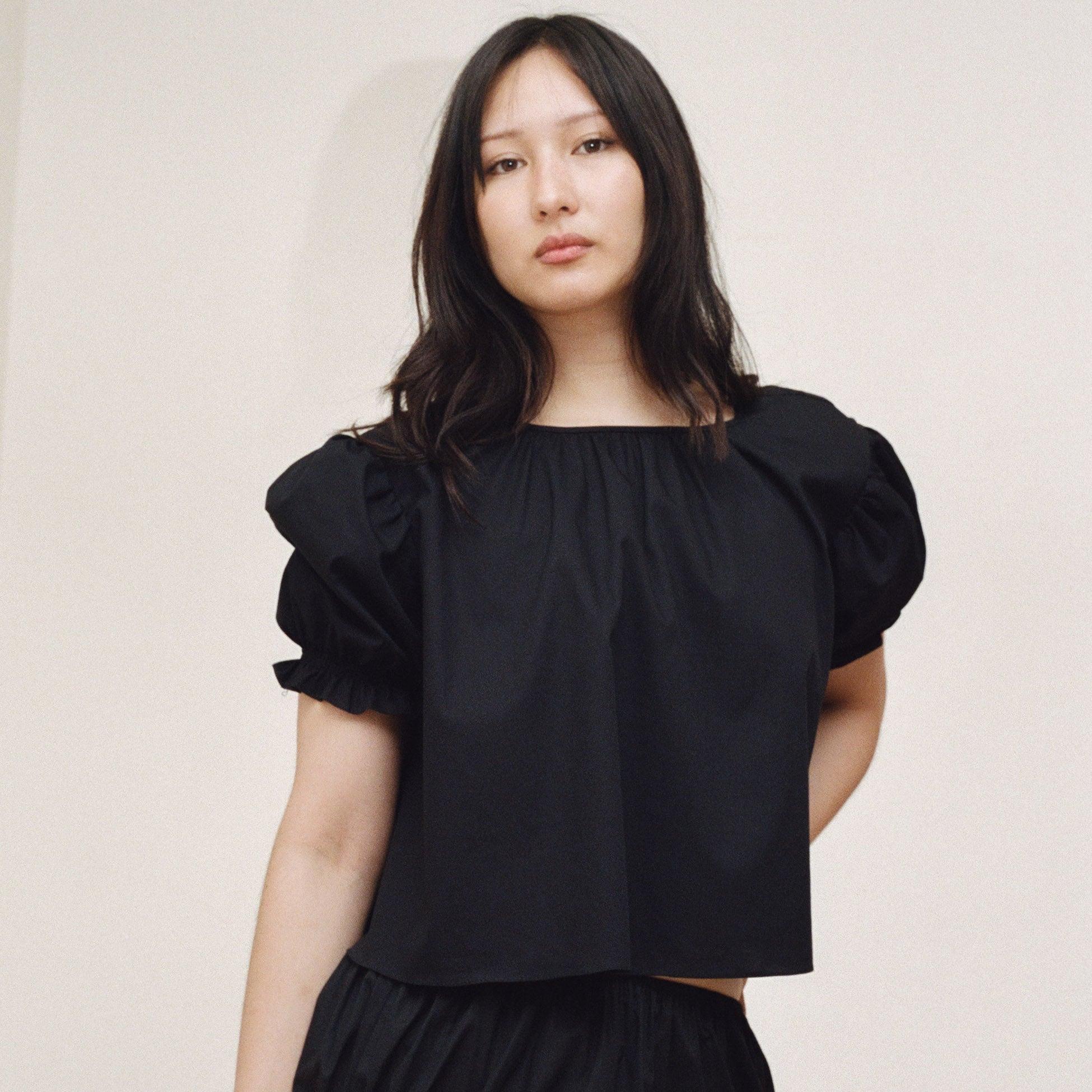 Black Cotton Smocked Blouse
