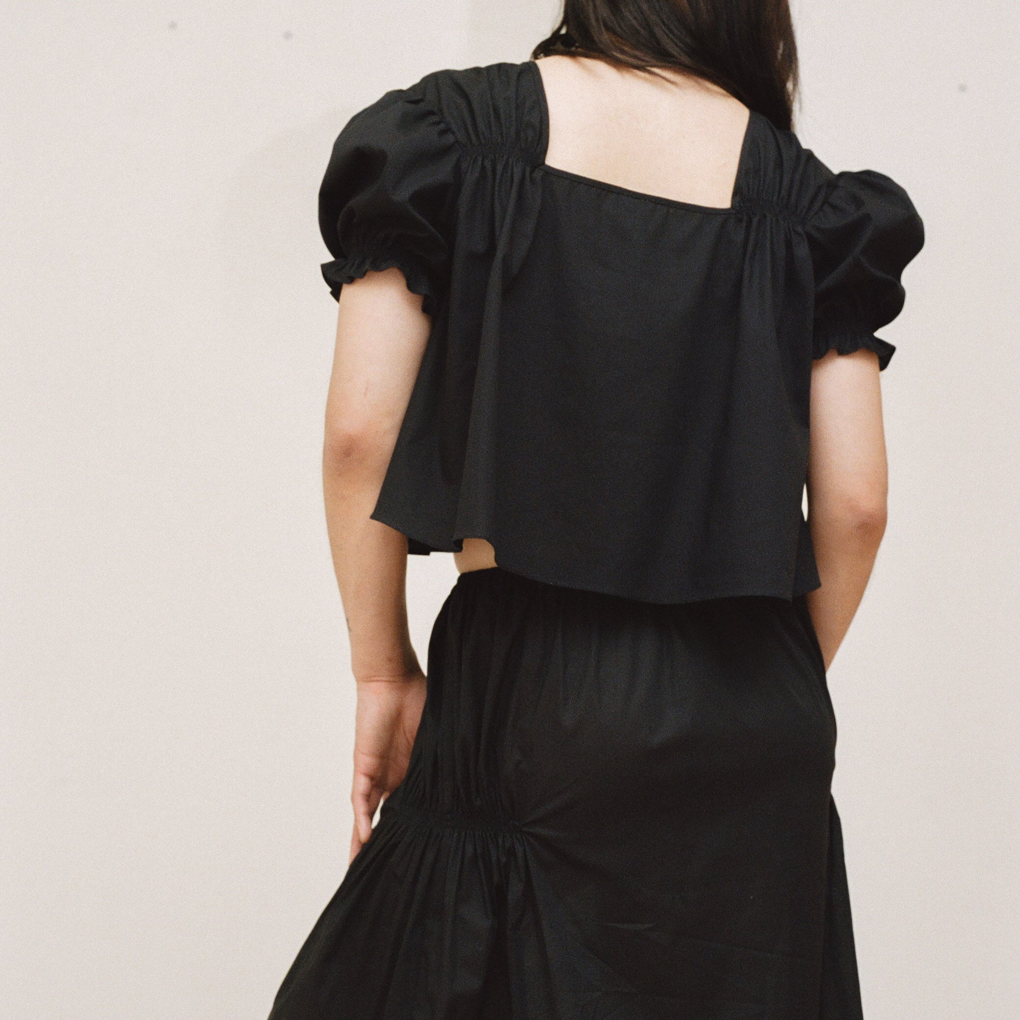 Black Cotton Smocked Blouse
