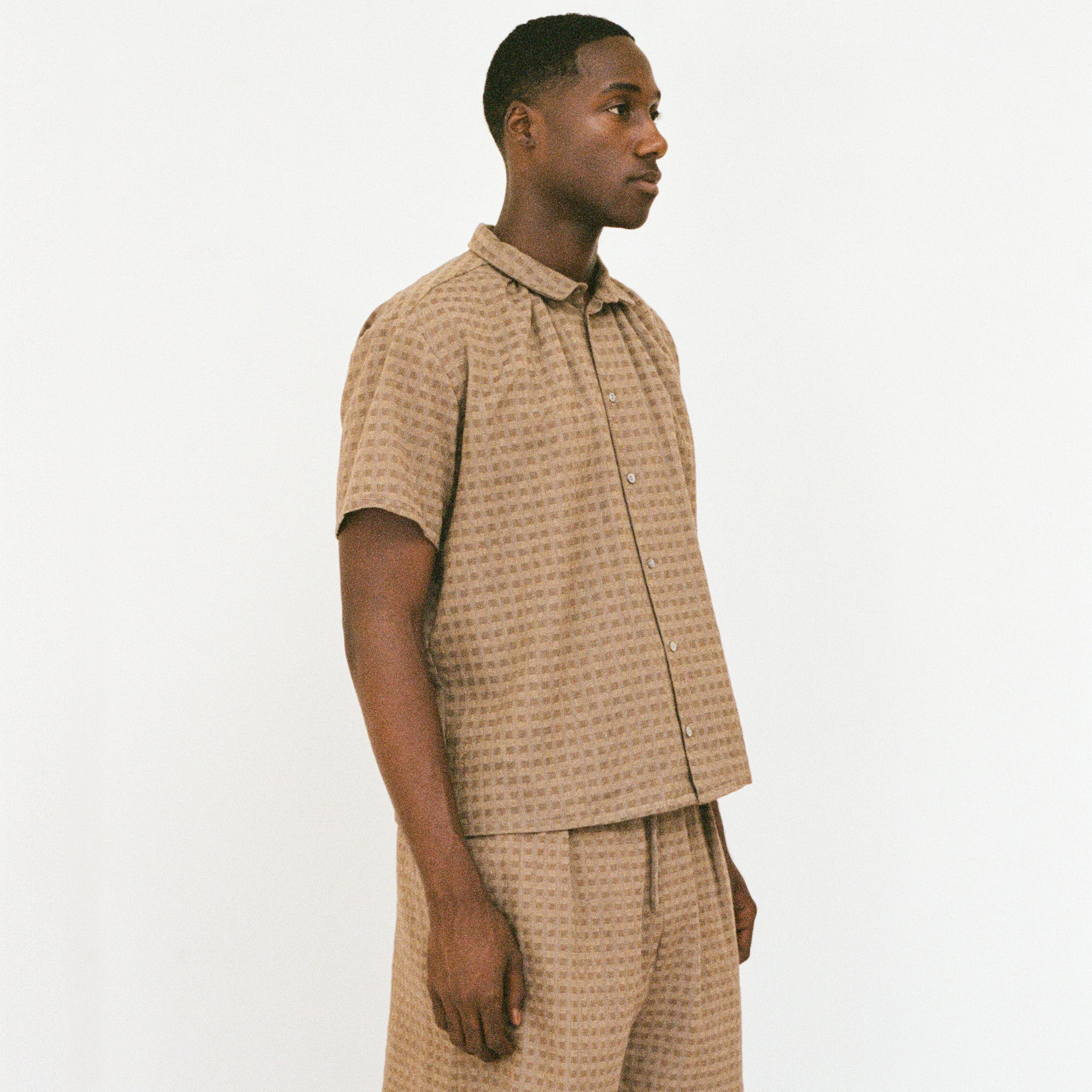 Short Sleeve Shirred Shirt, Mud