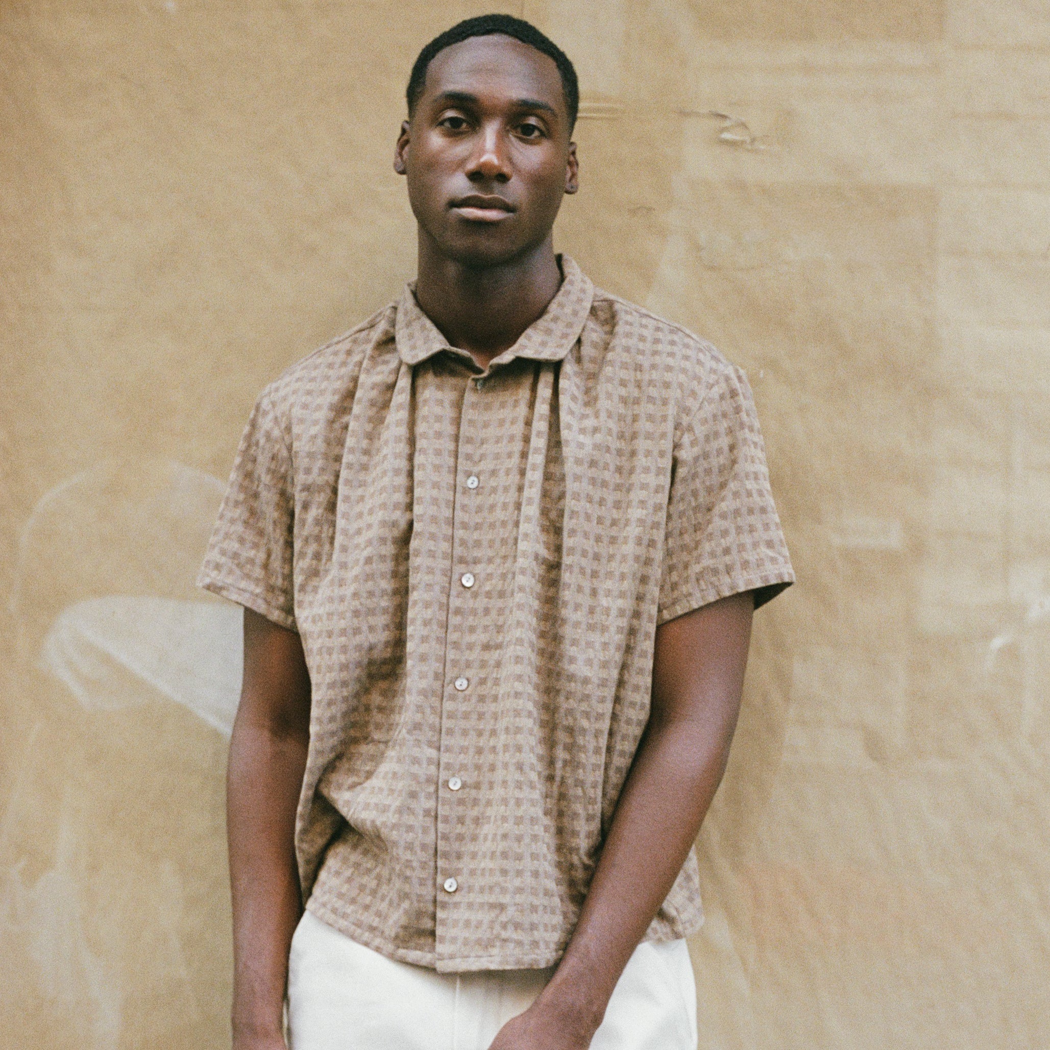 Short Sleeve Shirred Shirt, Mud