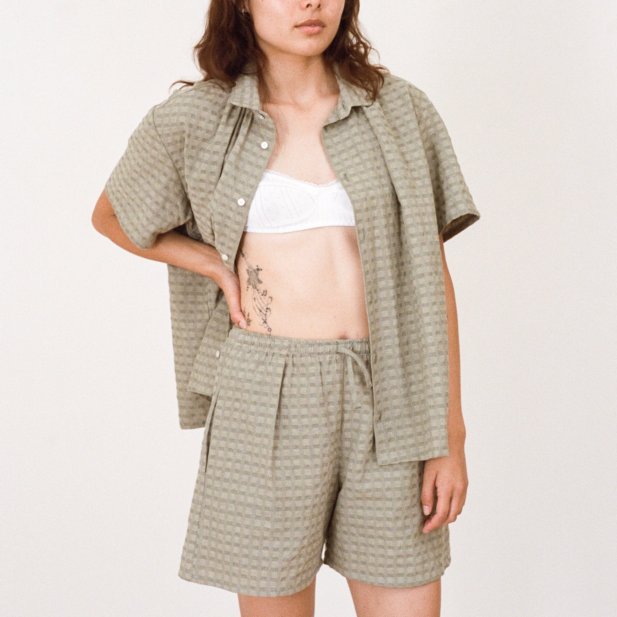Short Sleeve Shirred Shirt, Willow Green